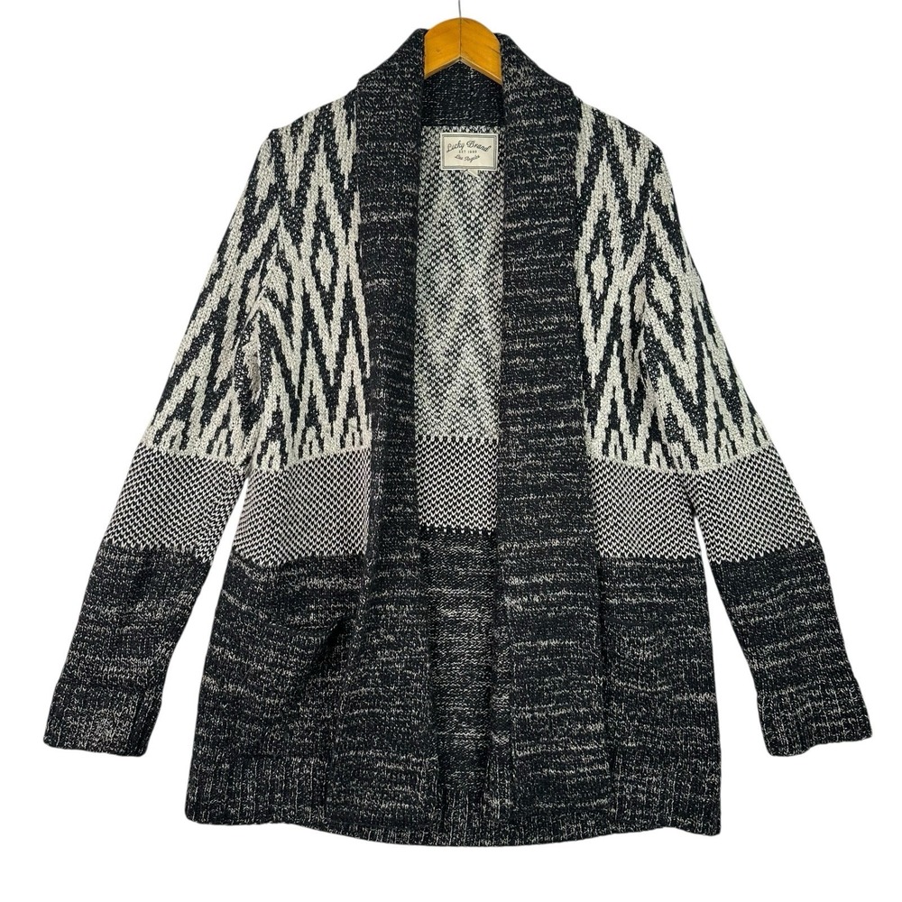 Lucky Brand Cardigan Womens XL Wool Blend Black Cream Southwest Open Front - Picture 2 of 11